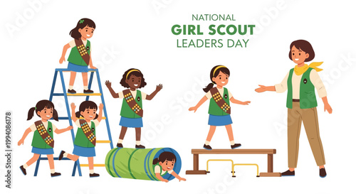 A vector illustration celebrates National Girl Scout Leaders Day with diverse young girls participating in scouting activities, guided by a leader, set against a clean white backdrop