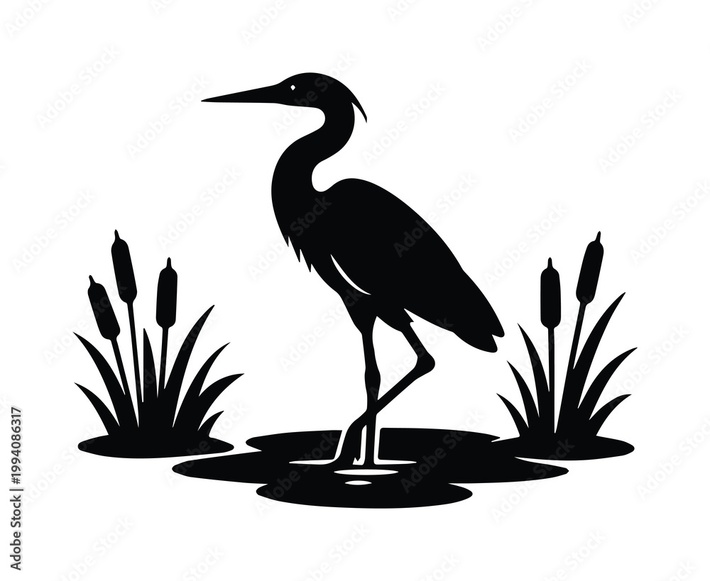 Fototapeta premium Great blue heron silhouette vector, elegant marsh bird standing in water with cattails, minimalist black crane icon for nature logo design
