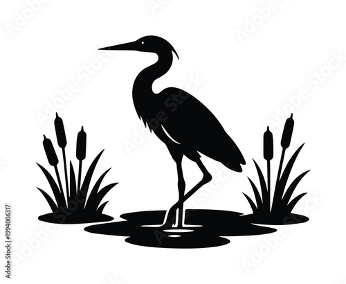Great blue heron silhouette vector, elegant marsh bird standing in water with cattails, minimalist black crane icon for nature logo design