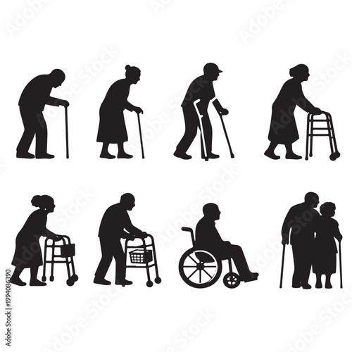 Elderly People Walking Aid Silhouettes – Senior Vector Collection