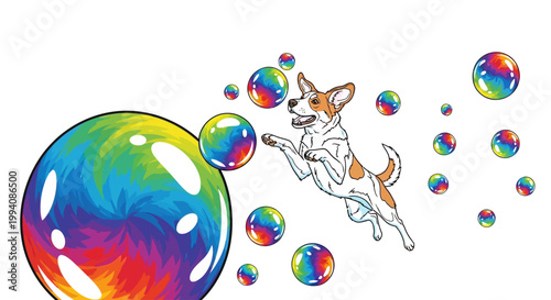 Playful Dog Jumping Through Rainbow Bubbles