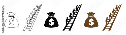 Financial success ladder and money bag vector icons, business growth and wealth accumulation concept, career advancement and investment opportunity graphics