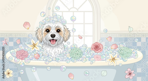 Happy Dog Bathtime with Bubbles and Flowers
