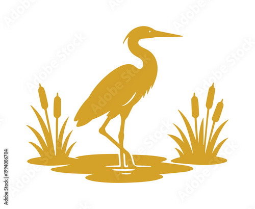 Golden heron silhouette in marshland, elegant crane bird vector icon, minimalist gold egret standing in water with cattails and reeds