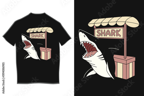 Funny Shark Cartoon T-Shirt Design with Market Stall Concept Creative Minimal Illustration