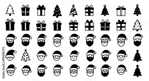 Tree icons and gift boxes with bearded santa faces icons set for holiday greeting cards and seasonal vector designs