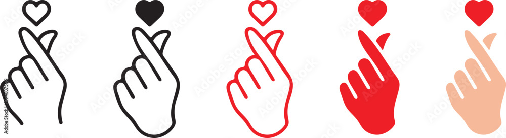 Fototapeta premium Finger heart hand gesture icon symbolizing love and affection. Romantic valentine sign illustration for dating apps, social media, greeting cards, couples content and love themed designs.
