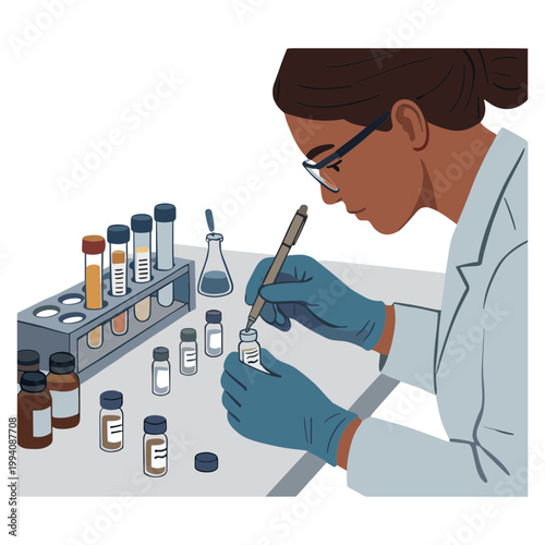A scientist carefully examines a test tube in a laboratory setting with various equipment and bottles.