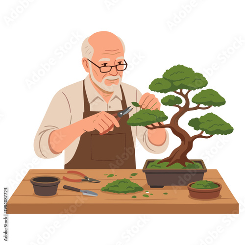 An elderly man prunes a bonsai tree with scissors on a wooden table indoors.