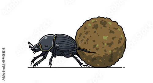 Cartoon dung beetle rolling large ball insect illustration on white background