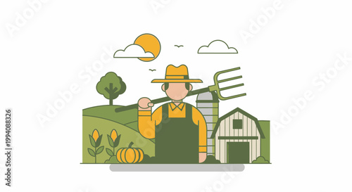 Cartoon farmer standing with pitchfork on shoulder in rural farm scene