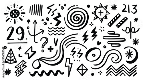 Abstract Doodle Elements with Numbers and Symbols in Black and White