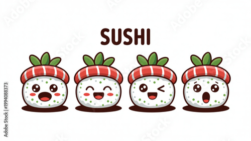 Four cartoon sushi rolls arranged in a playful row with festive hats and cheerful expressions Vector