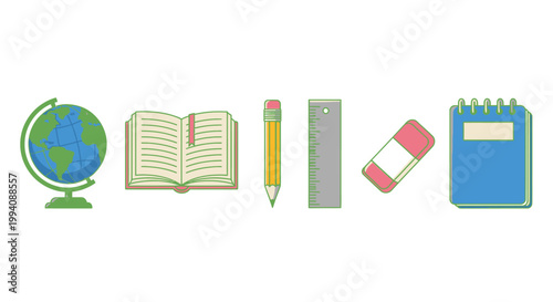 Educational supplies collection globe books pencil ruler eraser notepad