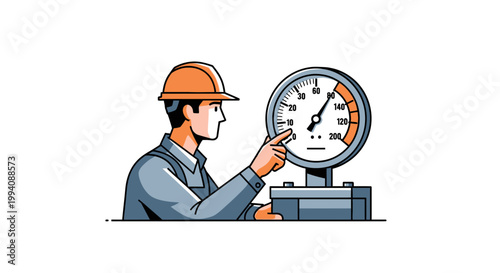 Engineer inspecting pressure gauge measuring equipment with hard hat
