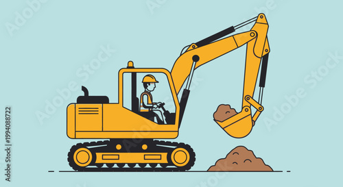 Illustrated excavator digging earth on a light blue background