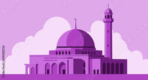 Illustrated mosque with dome and minaret against cloudy sky