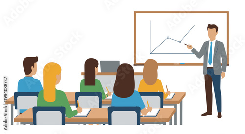 Instructor presenting graph to students in classroom setting illustration