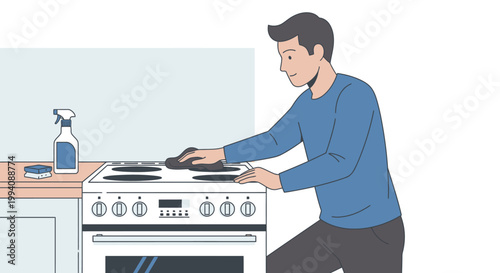 Man cleaning stove domestic task in modern kitchen illustration