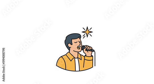 Man singing into microphone with star symbol isolated on white