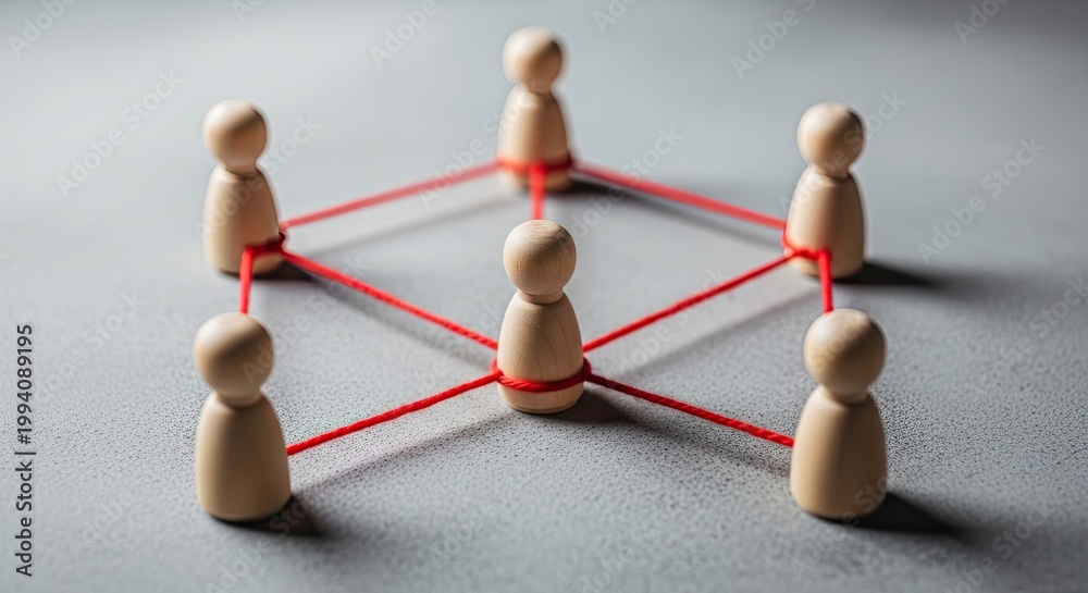 Obraz premium Business networking and collaboration wooden figures connected by red strings representing strategic partnerships and teamwork for success