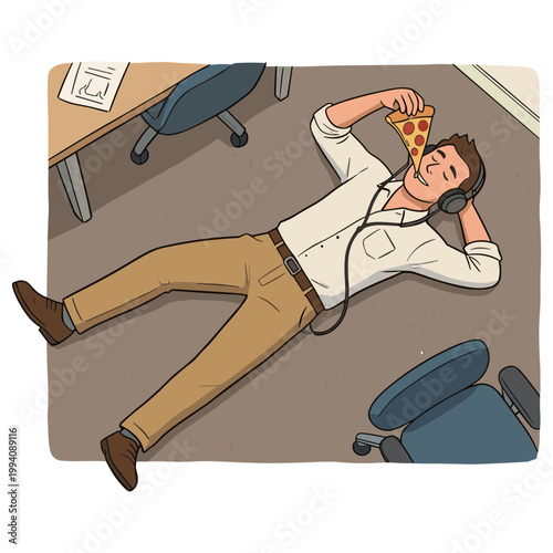 Man relaxing on office floor eating pizza slice with chair