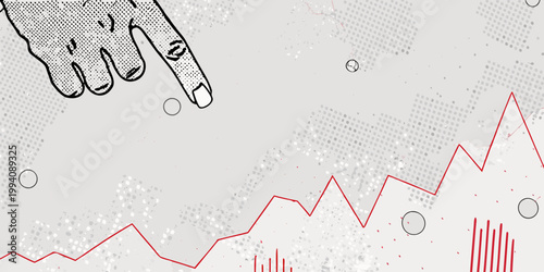 A hand points toward a rising red line graph on a dotted background
