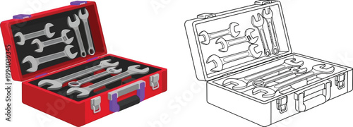 Open red toolbox with a set of wrenches isolated on white background professional tool kit for repair and maintenance