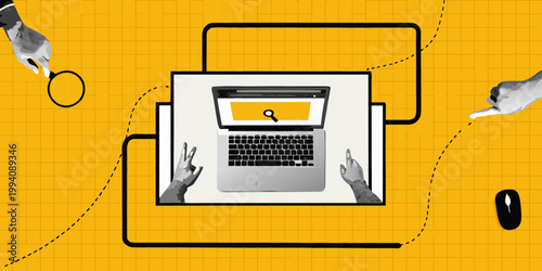 Overhead view of a laptop with hands interacting and searching
