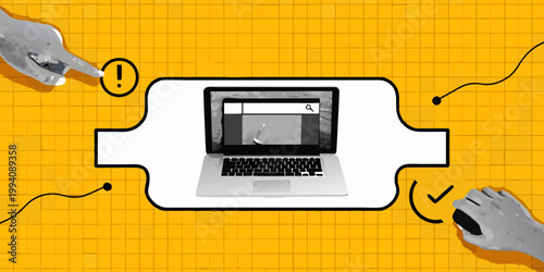 A laptop with a search engine is pointed at by hands and feet