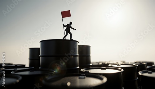 Miniature Figure Holding Flag on Oil Drums Against Bright Horizon