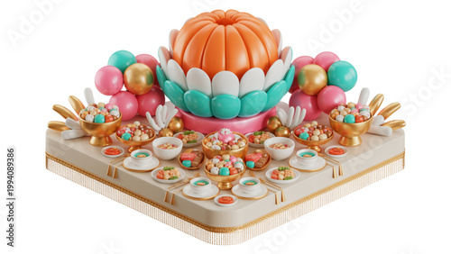 Intricate 3d rendering of colorful molecular or atomic structures atop a crystalline base Vector