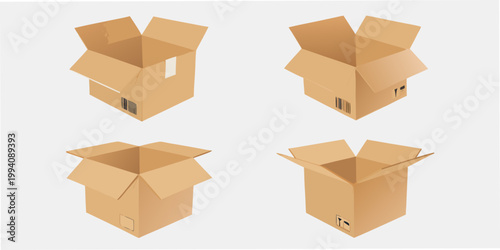 Four cardboard boxes in various stages of assembly and use