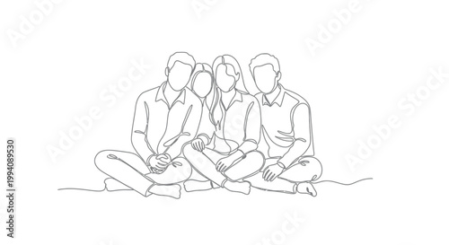 Continuous one line drawing of a group of four happy friends sitting together on the white floor