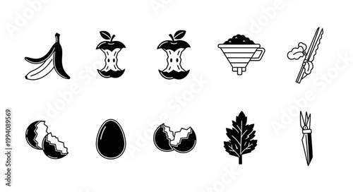 Collection of organic waste items for composting illustration.