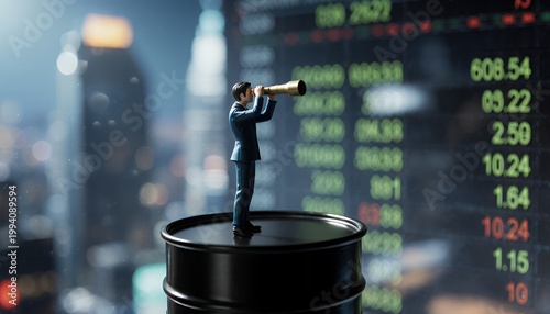 Businessman Observing Future Trends Through Telescope on Oil Barrel