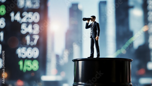 Businessman Model Using Binoculars on Oil Barrel Against Skyline