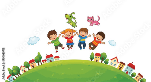 Whimsical vector illustration of happy children jumping with pets above a charming village on a green hill