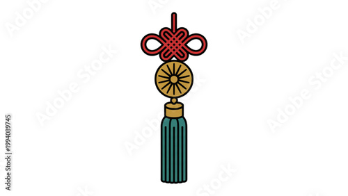 Traditional chinese knot with decorative tassel and geometric centerpiece Vector