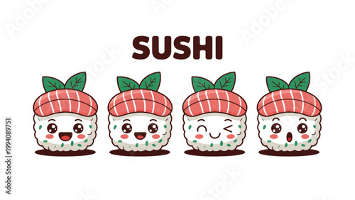 Colorful cartoon sushi rolls arranged in a playful row on a plain background Vector