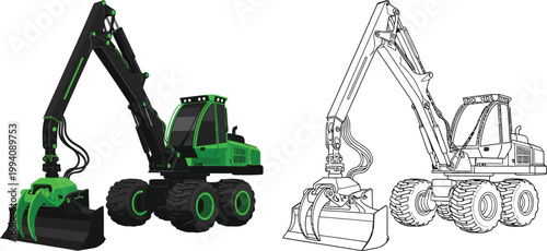 Green forestry grapple loader machine detailed vector illustration and line art for construction and logging industries iso