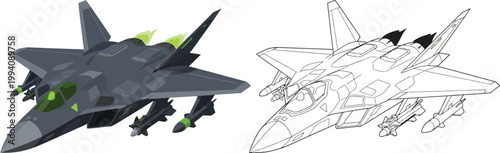 Modern fighter jet with missiles detailed vector illustration and line art for aviation concepts isolated on white