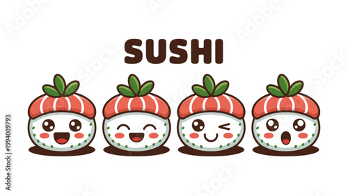 Four festive sushi rolls creatively designed as smiling snowmen with holiday hats and scarves Vector