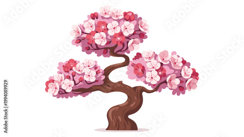 A stylized blooming cherry blossom tree with vibrant pink flowers against a neutral background Vector