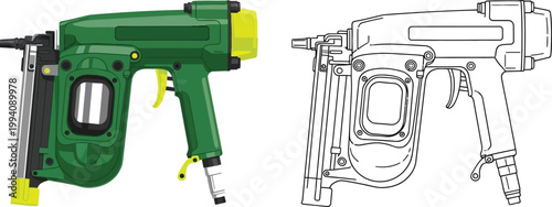 Green pneumatic nail gun and its line art illustration isolated on white background for construction and DIY projects