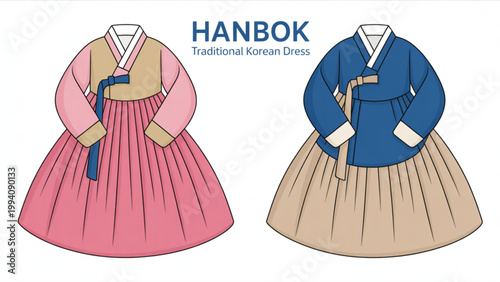 Two cartoon dolls dressed in vintage-style dresses with long sleeves and full skirts Vector