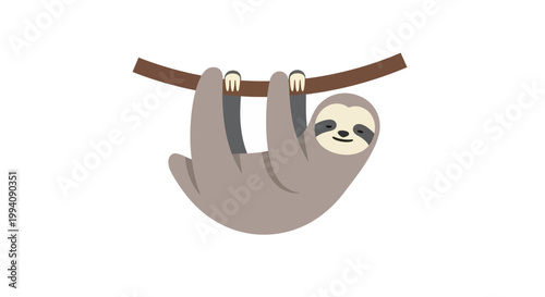Adorable cartoon sloth hanging from a tree branch, smiling happily.