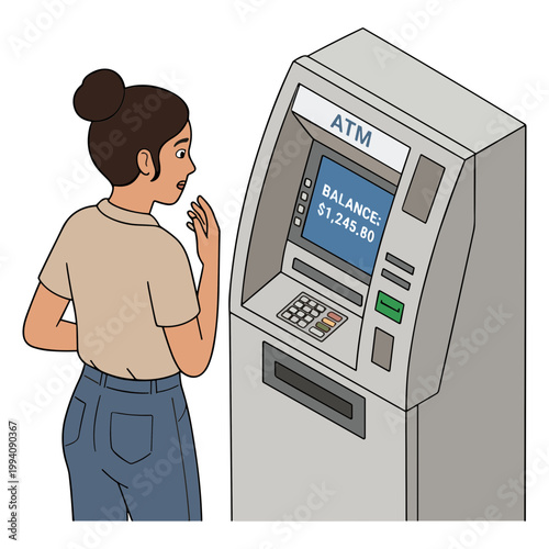 Woman interacts with ATM machine displaying balance