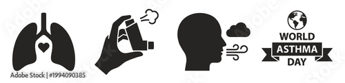 Black solid glyph icon collection for world asthma day vector including lungs with heart inhaler breathing head and globe banner for medical awareness campaign.