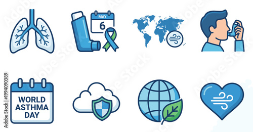 Flat line color icon set for world asthma day vector showing lungs inhaler calendar map and breathing person for medical respiratory health awareness graphic design.